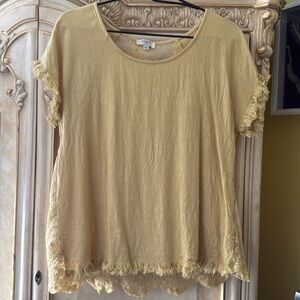 Umgee Women Linen Lace Pintuck High Low Fringed Top Shirt Yellow Small